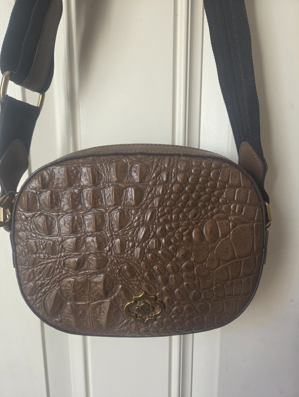 orYANY Brown Croc-Embossed Crossbody Bag with Black Strap